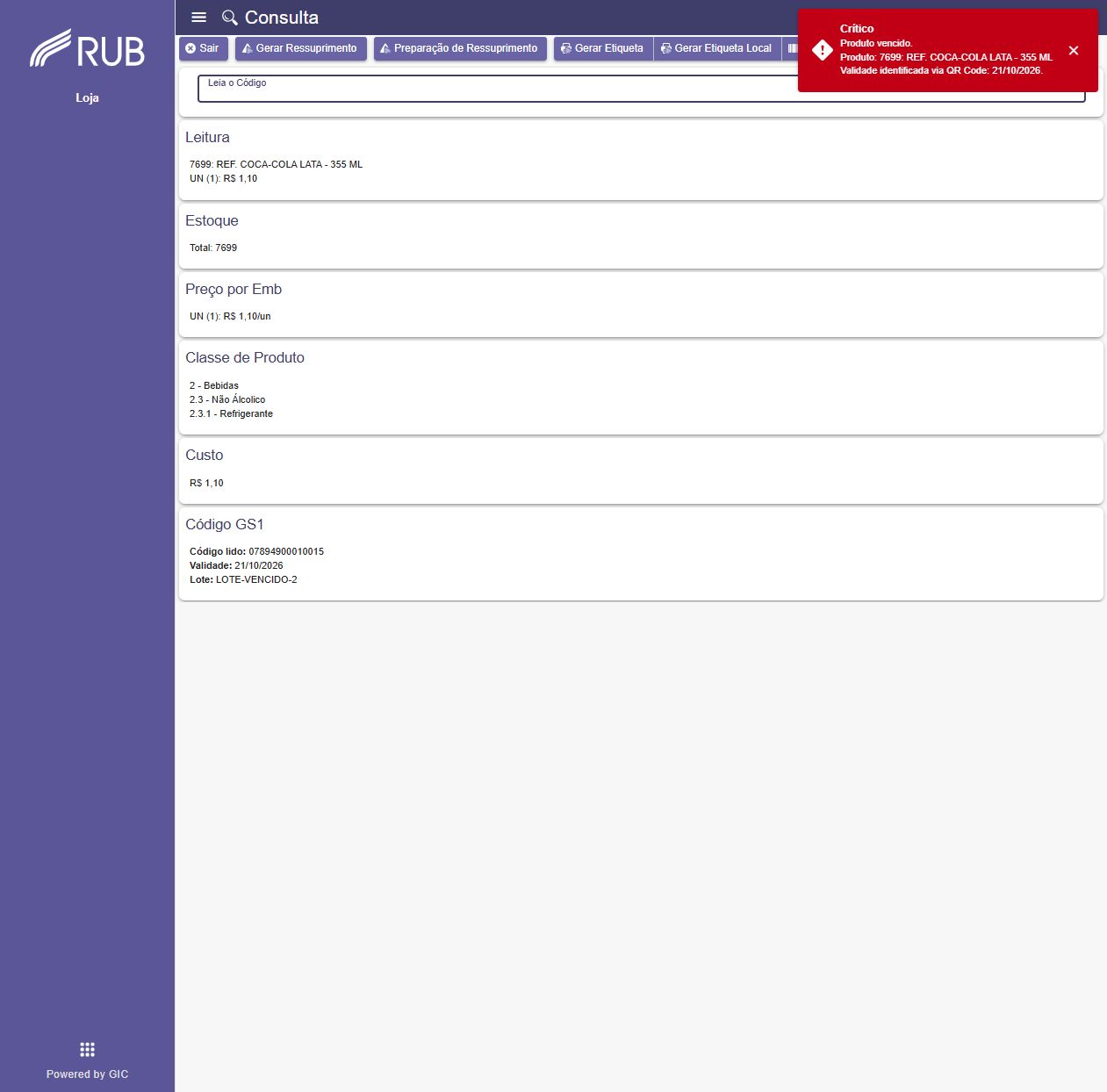 Notificación crítica de producto vencido en la lectura de código QR GS1