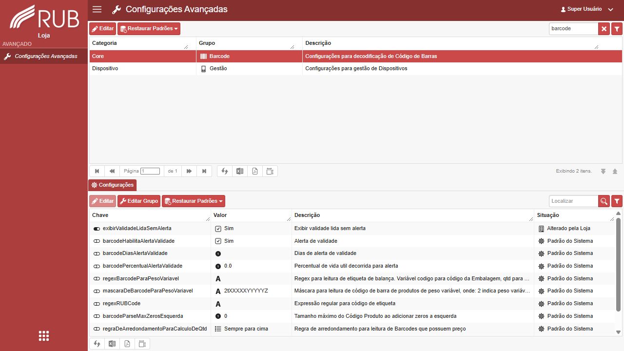 Pantalla de Configuraciones Avanzadas del grupo Core Barcode con parámetros de vencimiento